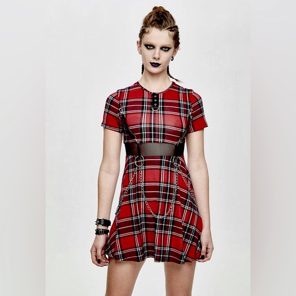 💔SOLD💔DEVIL FASHION Rock Plaid Fit And Flare Dress Sheer Mesh Bondage Straps - Picture 5 of 15